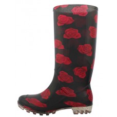 RB-37 - Wholesale Women's "Easy USA" 13.5 Inches Super Soft Rubber Rain Boots (*Black with Red Flower Print)